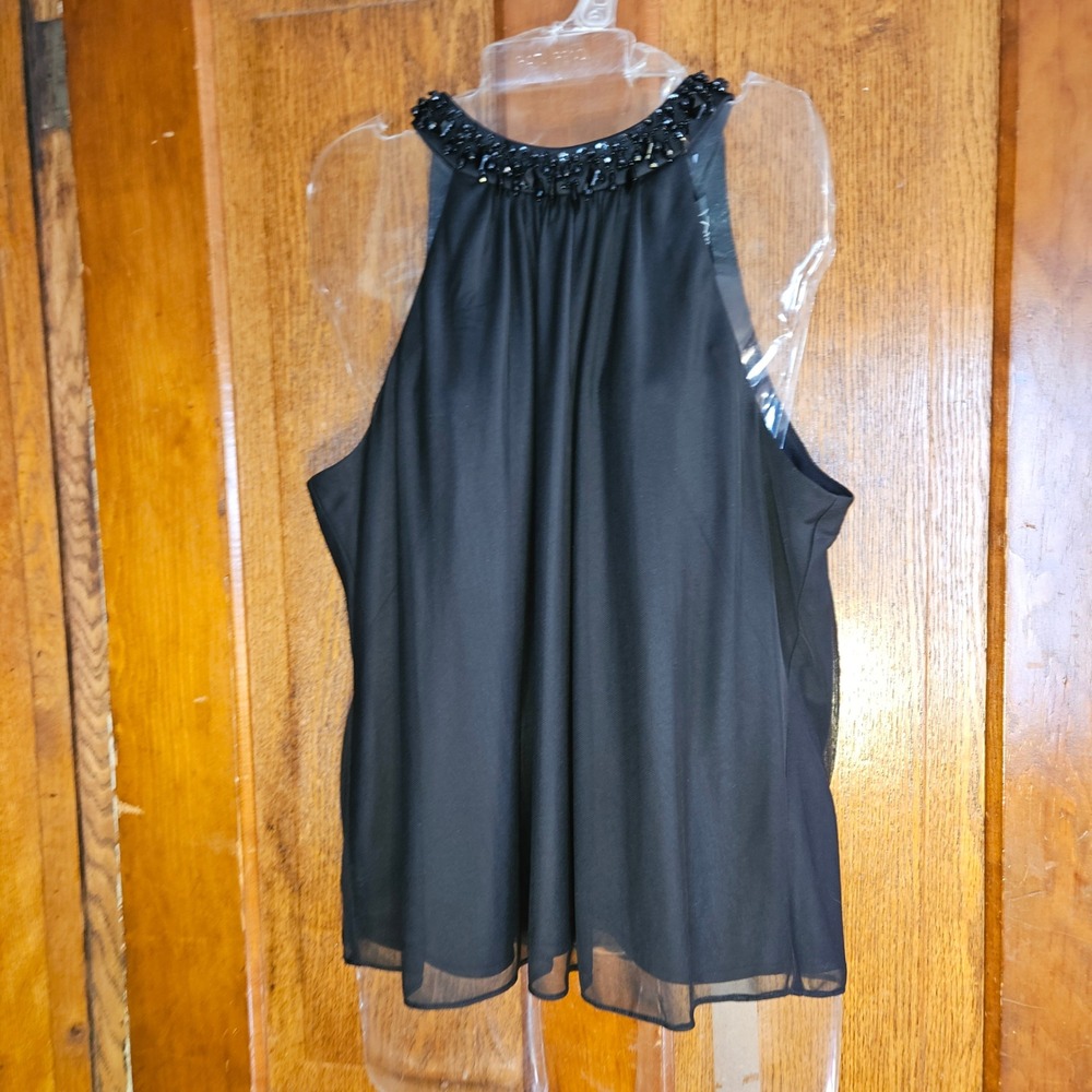 Alex Evenings Top Women XL 332086 Black Beaded Halter Neck Chiffon Hem New